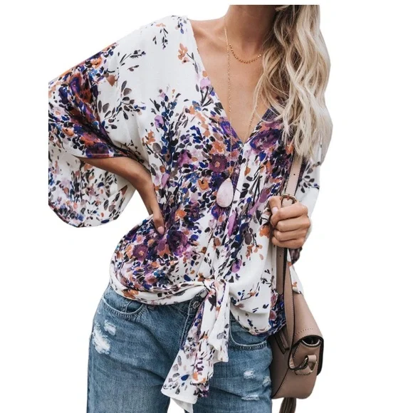 LAST CHANCE SALE!Floral Print Colorful Boho Front Tie Blouse Wide Kimono Sleeves - Picture 5 of 10